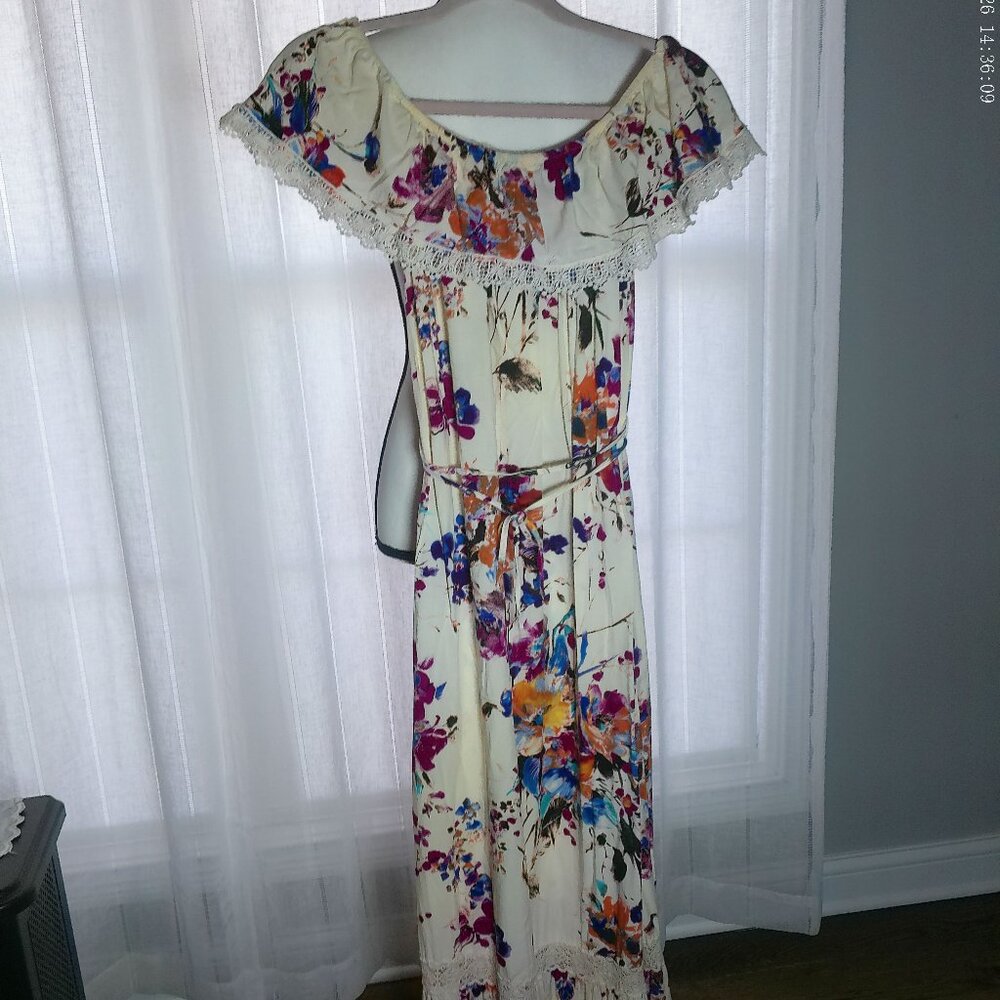 UMGEE USA Dress Maxi Off The Shoulder Cape Top w/Lace Cream Floral NWOT S